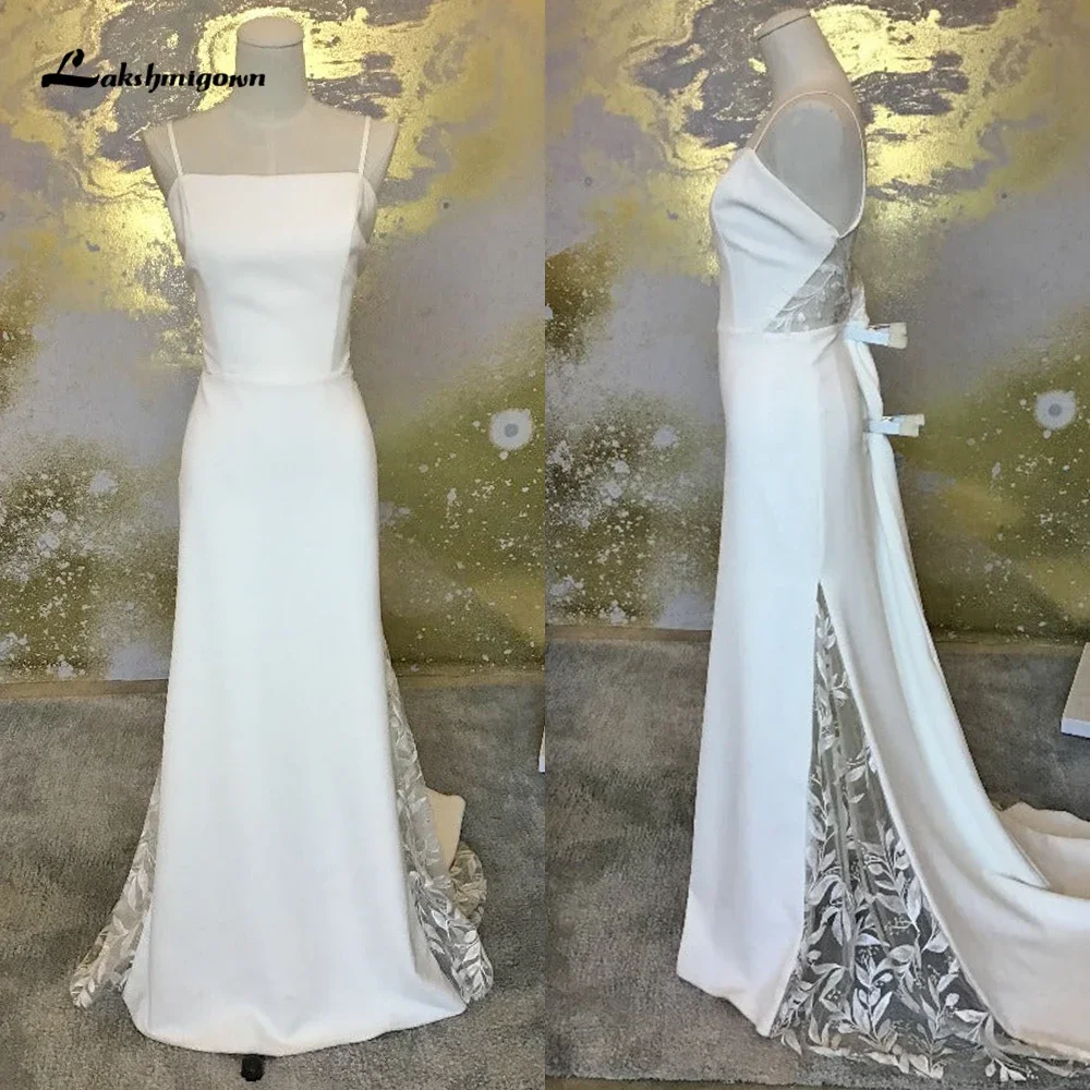 Boho Square Collar Spaghetti Straps Sexy Open Back Lace Satin Mermaid Wedding Dress Beach Bridal Gowns Sweep Robe De Mariée