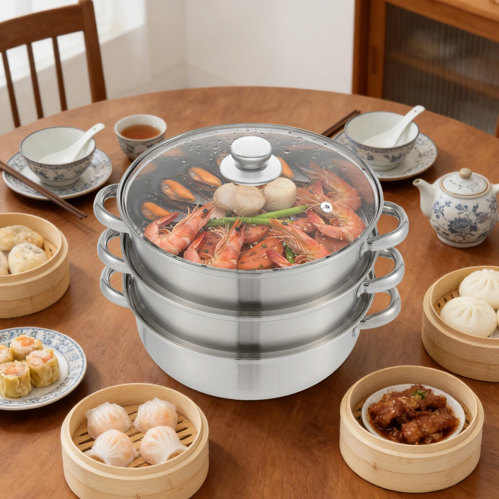 28cm 3-Tier Stainless Steel Steamer, Induction Cooker Gas Stove Electric Furnace Compatible, Overlapping Design for Space Saving