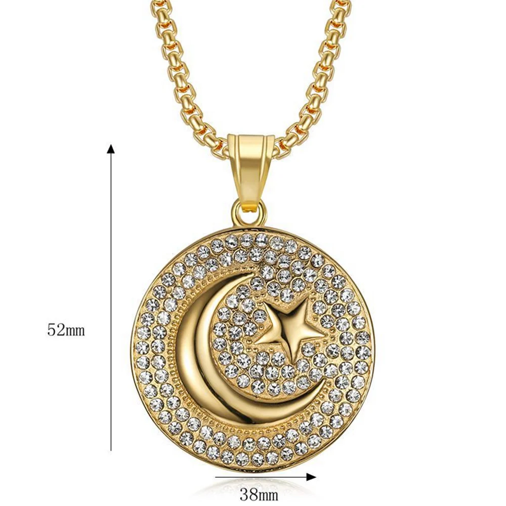 Punk Crescent Moon and Star Pendant Gold Color Stainless Steel Muslim Round Necklace for Women Men Iced Out Islamic Jewelry