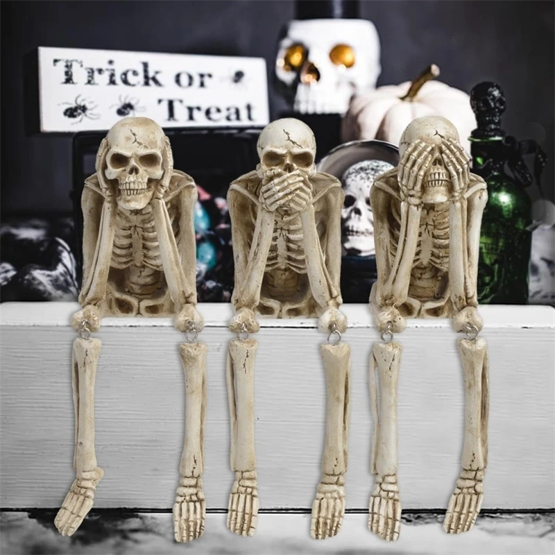 

Halloween See No Evil Hear No Evil Speak No Evil Skeleton Figurines Spooky Bone Stand Ornaments Gothic Tabletop Decoration