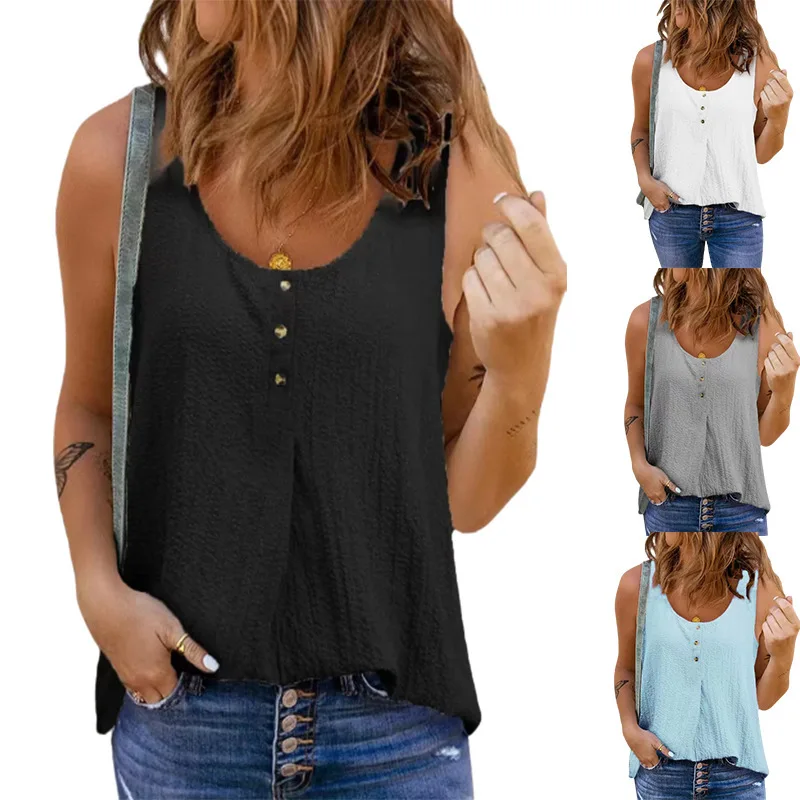 

2023 Summer New Shirt Women's Solid Color Round Neck Button Decoration Sleeveless Vest T-shirt