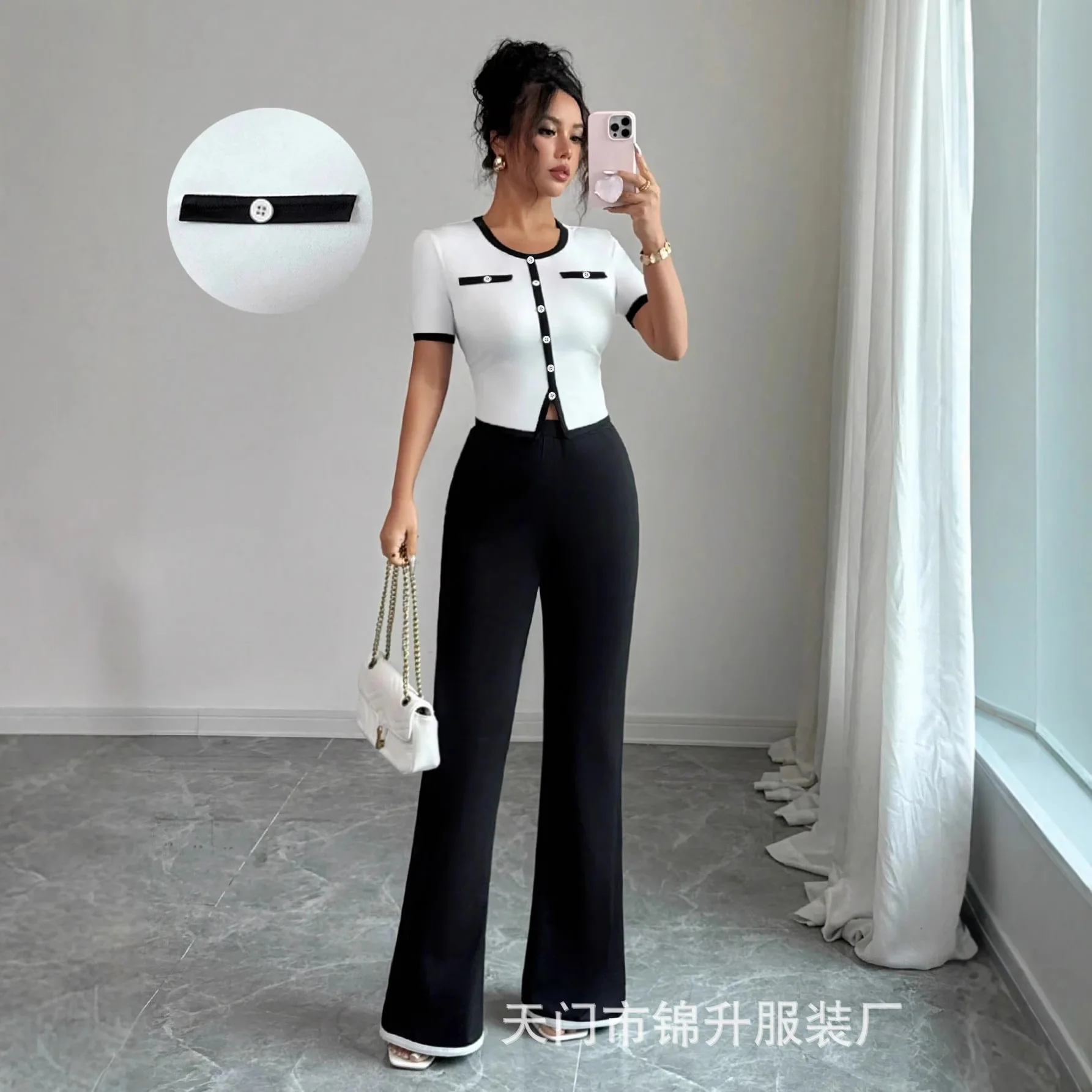 Women's Knitted Twill Short-sleeve Solid Color Wide-leg Pants Two-piece Set Evening Dresses Elegant Sexy Robe Vestidos