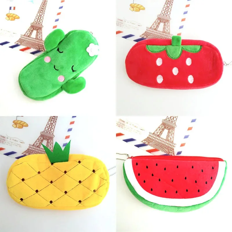 Cute Fruit Watermelon Cactus Plush Pencil Case Cosmetic Bag Pen Box for Girls Gift Stationery Pouch School Office Supplies