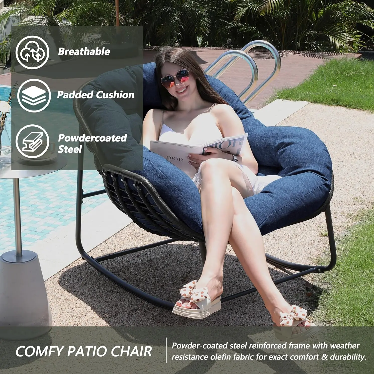 Pátio Wicker Egg Chair, Indoor e Outdoor Double Papasan Chair com almofada acolchoada, Royal Rattan Rocker para varanda frontal