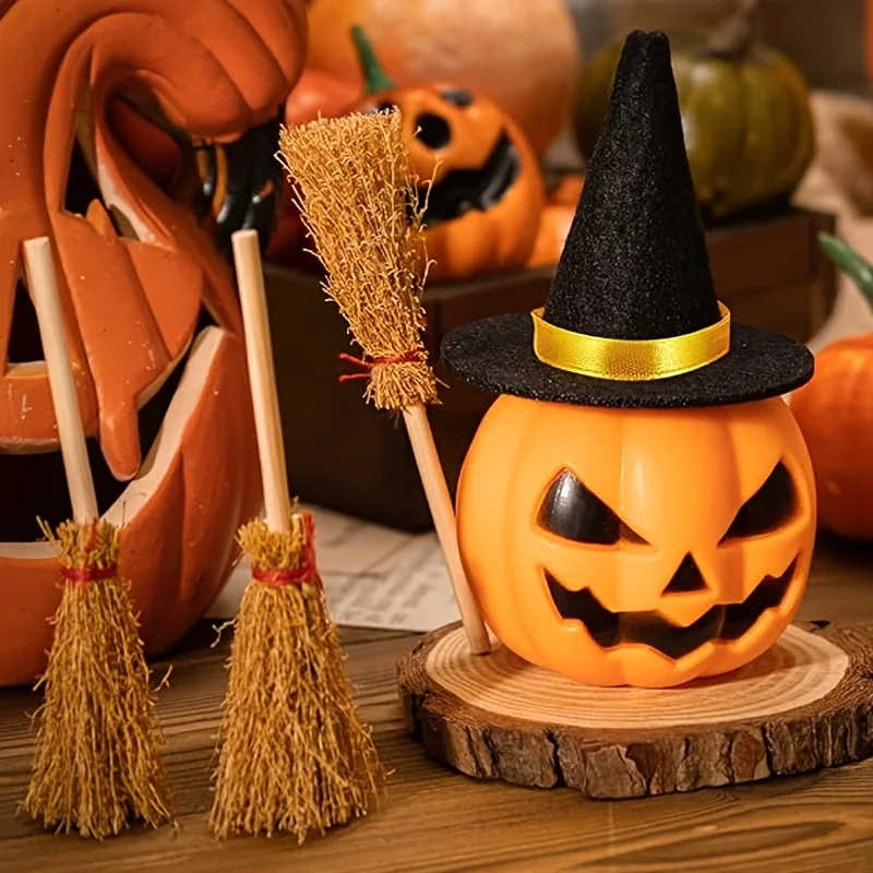 Mini Witch Hat and Broom Combo Set Halloween Handmade DIY Decoration Accessories Party Scene Decoration view 4