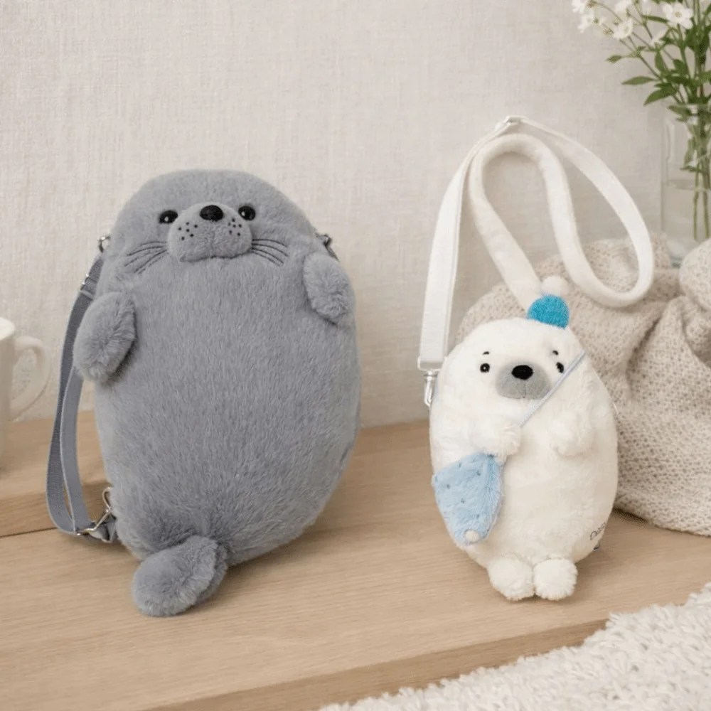Fashion Soft Fluffy Cute Seal Shoulder Bag Cartoon Lightweight Phone Bag Fabric Adjustable Straps Handbag Women's Accessories