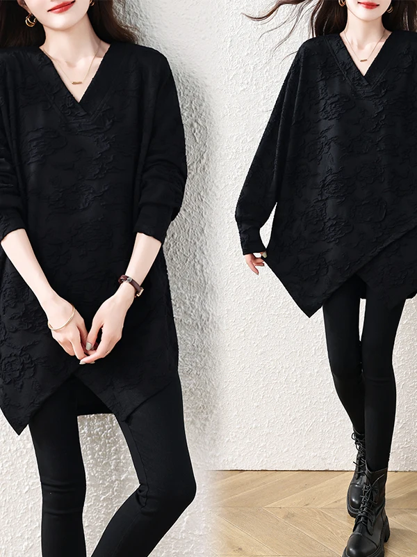 Authentic Lazy Style Asymmetrical Hem Long Sleeve Loose Fit Top for Women Comfortable Polyester Fiber Commute Style Autumn 2026