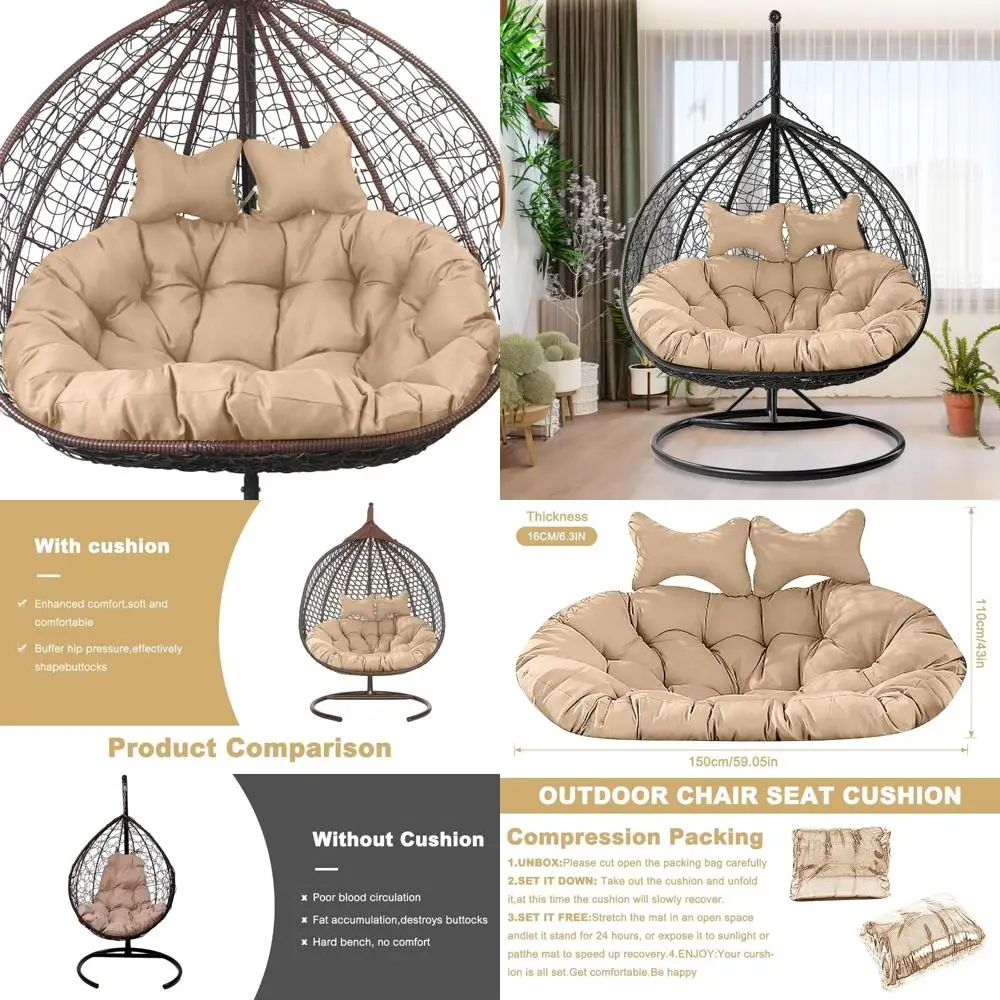 

thick waterproof uv-resistant 6.3" hanging egg chair cushion, 2-person, washable hammock swing replacement