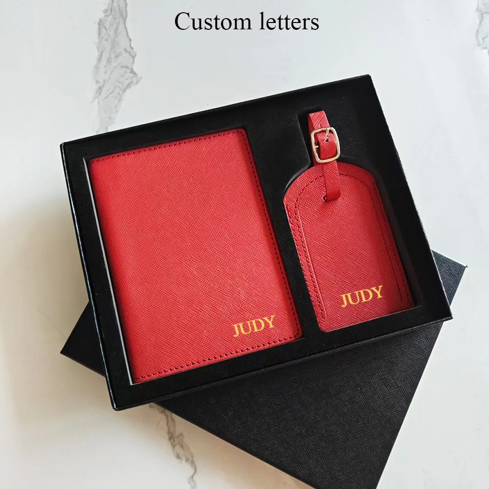 Personalize Initials Travel Saffiano Passport Holder Luggage Tag Set Gift Box Custom Name Logo Women Men Travel Accessories