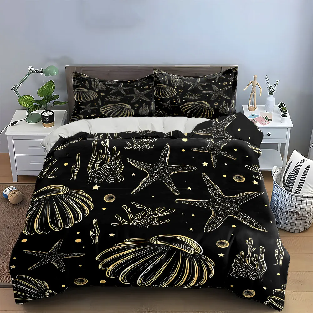 Starfish Seashell Coral Decor Set Bedding Set with 1 Duvet Cover 2 Pillowcases Single Double King Queen, Gift
