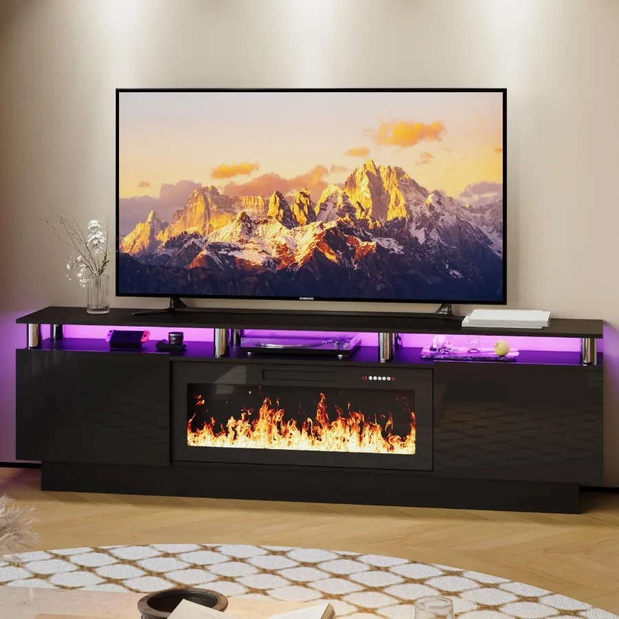 

80-дюймовая подставка для камина для телевизоров с диагональю до 90 дюймов и электрическим камином диаметром 36 дюймов. Современный развлекательный центр черного цвета.