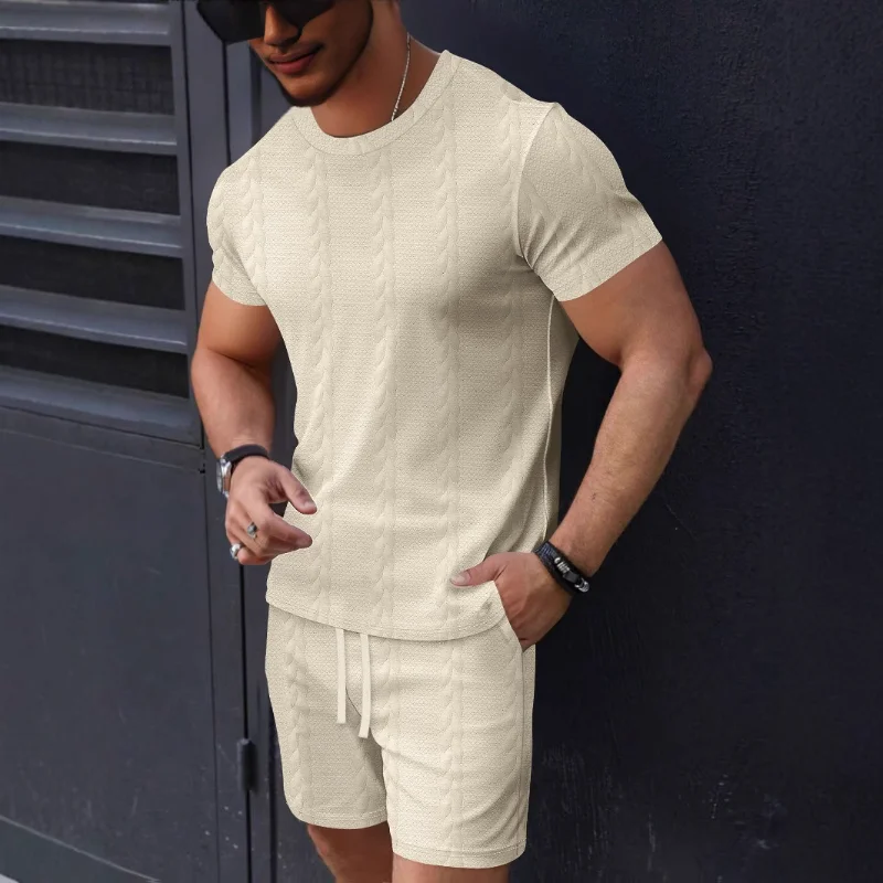 Men Solid Cable Jacquard Crew Neck Short Sleeve T-shirt Drawstring Shorts 2 Piece Summer Casual Set