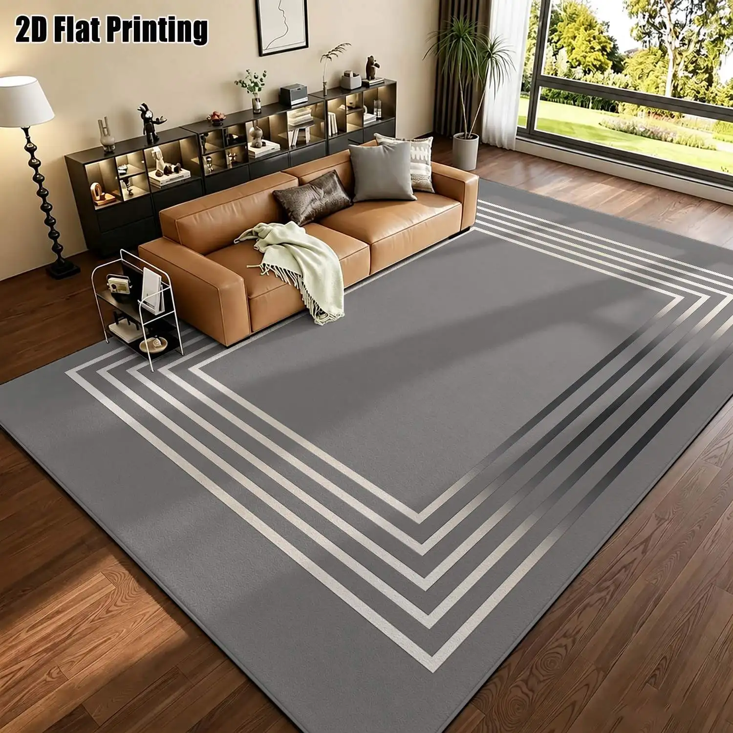 1Pc 2D Printed Silver-Grey Geometric Line Nordic Carpet, Suitable for Modern Minimalist/European Interiors, Machine Washable, Multi-Size, Ideal for Entryway, Dining Room, Bedroom, Living Room Decor