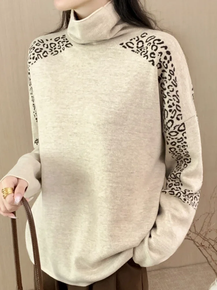 

2024 Autumn/Winter Fashion New Women's Splicing Leopard Pattern Knitted Warm Hoodie High Neck Loose Inner Sweater Jumper