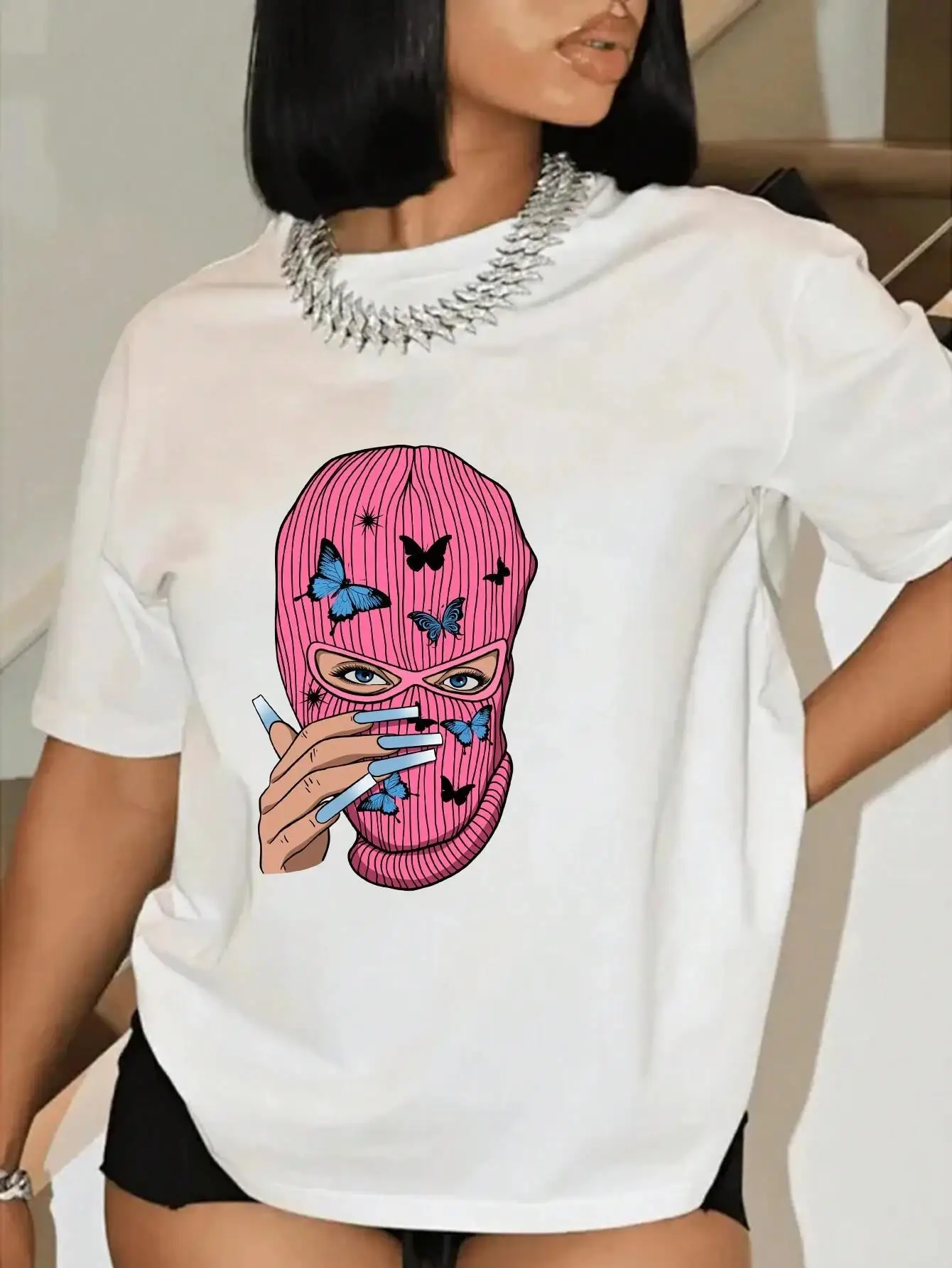 Women T-Shirt Women'S Masks & Butterflies Print Short Sleeve Summer Fashion O-Neck Tees Clothing Soft Oversize Female Clothes