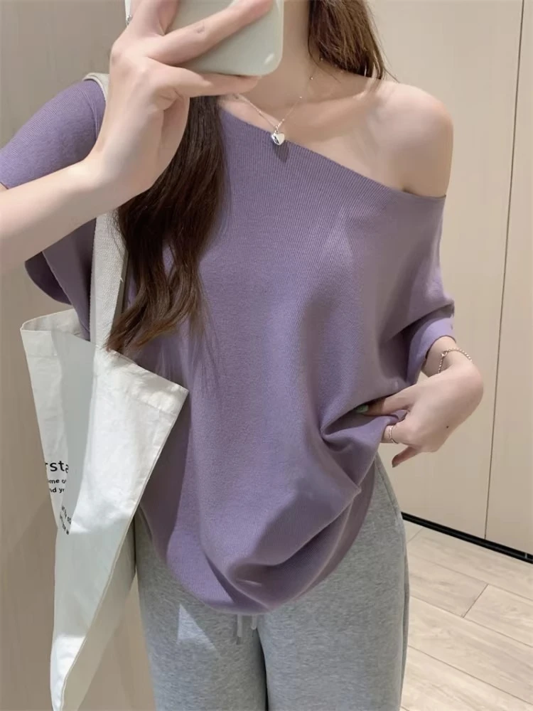 French Sexy Off Shoulder Basic Top One Shoulder Knit Batwing Sleeve Women T-Shirt 2026 Summer Pure Desire Loose Short Sleeve Tee