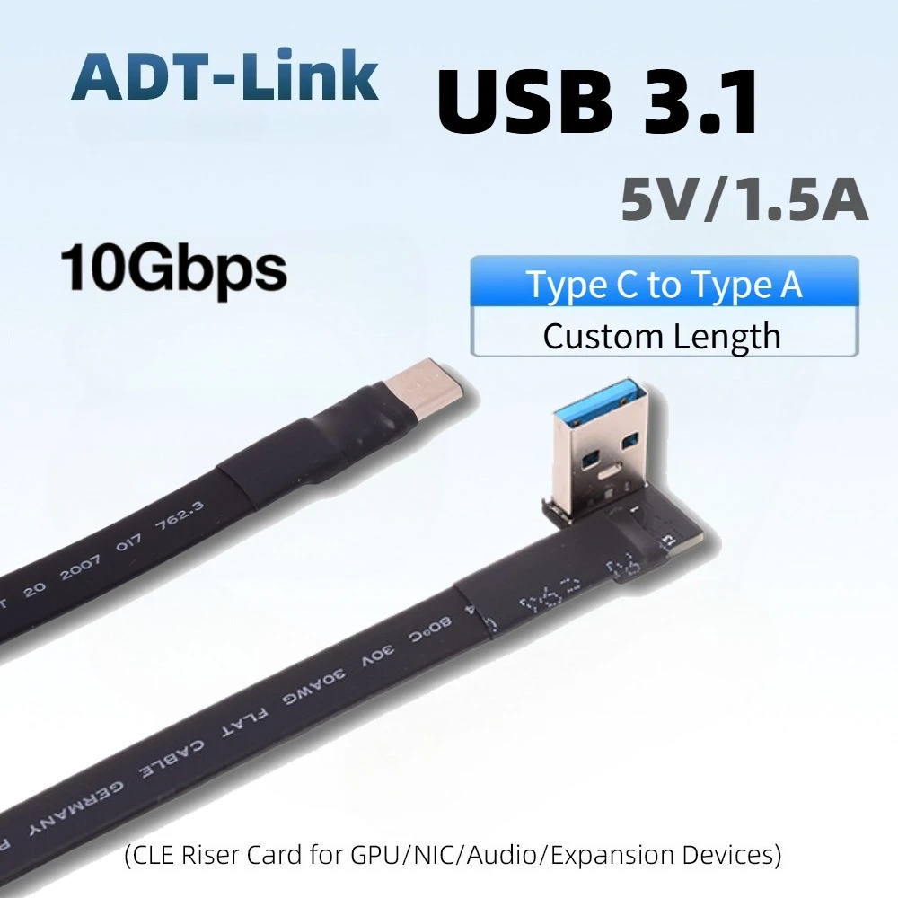 ADT-Link Type-C To USB-A USB 3.1 Gen2 10G Riser Adapter 5-300CM Custom FPC Flat USB 3.1 Type A C Male Extender Ribbon Flat Cable