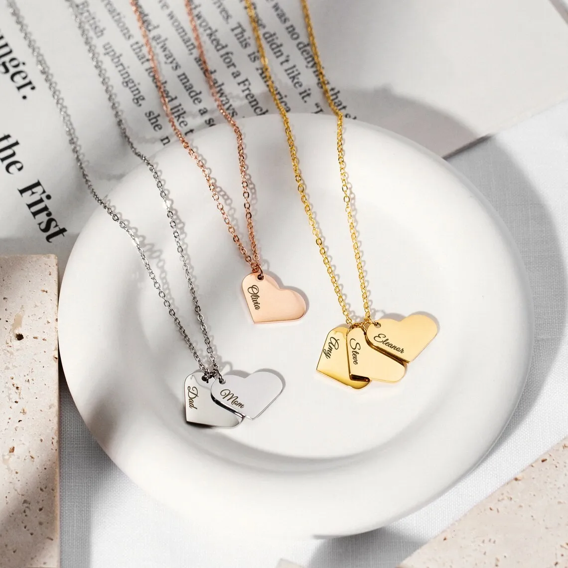 Custom Name Necklace Personalized  Heart Pendant Overlapping Fashion Sweet Stainless Steel Couple Women Birthday Jewelry