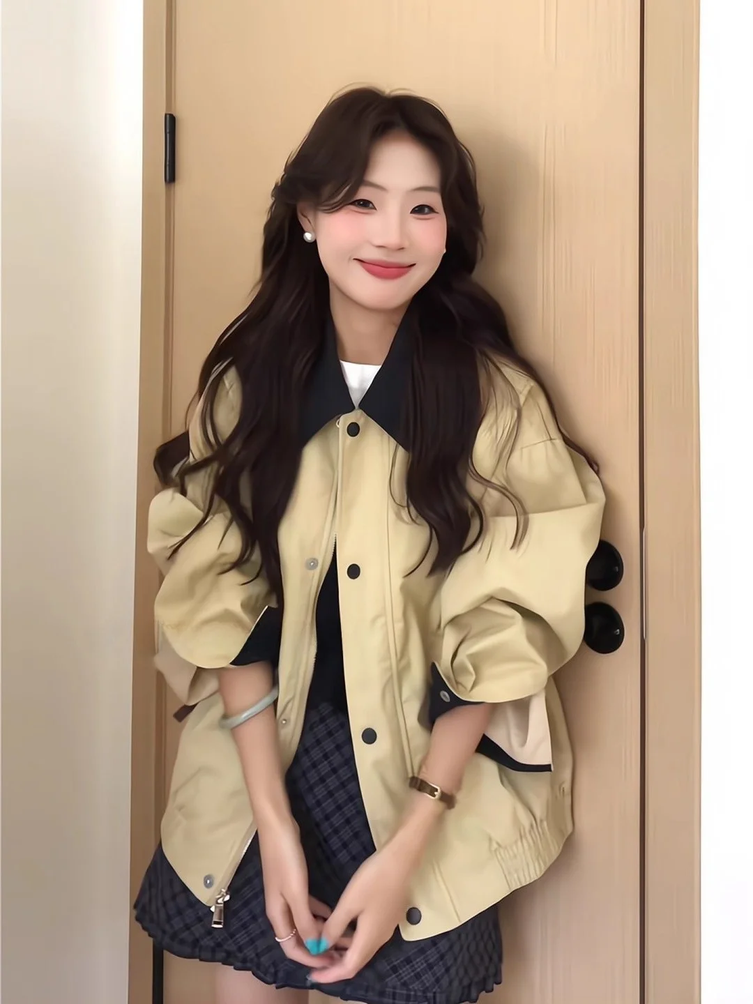 Unique Korean Style Women's Jacket Coat Flip Collar Long Sleeve Cold Tone Spring Autumn Fashionable Straight Cut Polyester Fiber