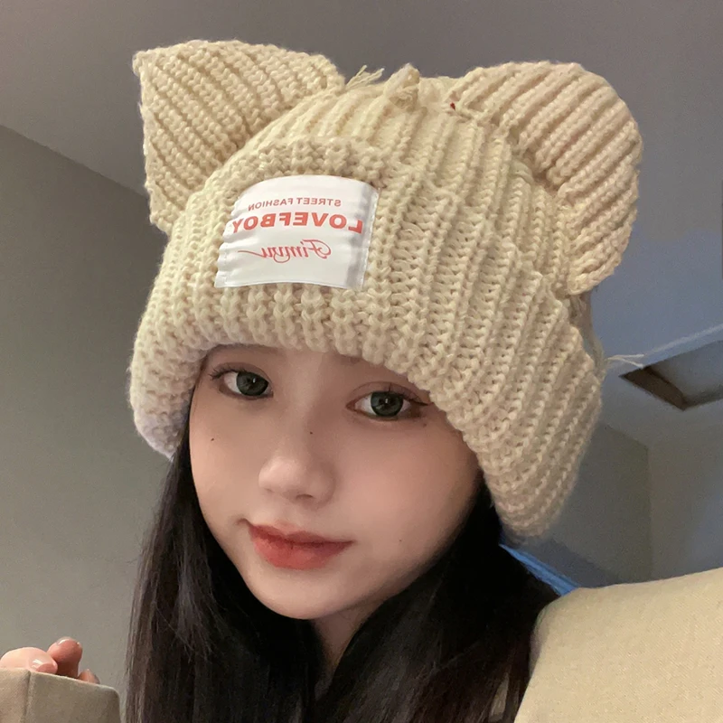 Cute Knitted Wool Hat Women Ins Hooded Caps Hiphop Beanies Winter Warm Cat Pig Ear Woolen Hats Design Kpop Personality Bonnet