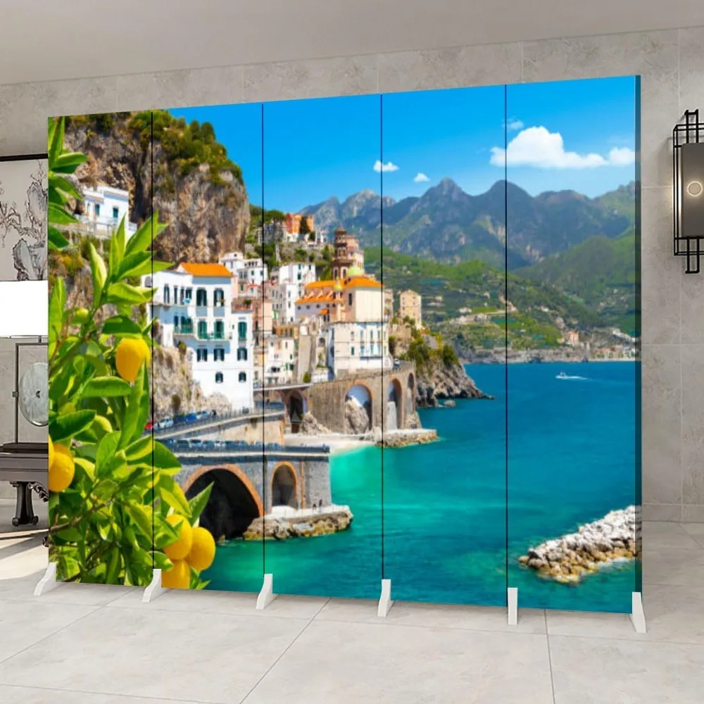 Screen Room Divider Beautiful View Mediterranean Coast Lemons Foreground Italy Canvas Screen Indoor Folding Separator