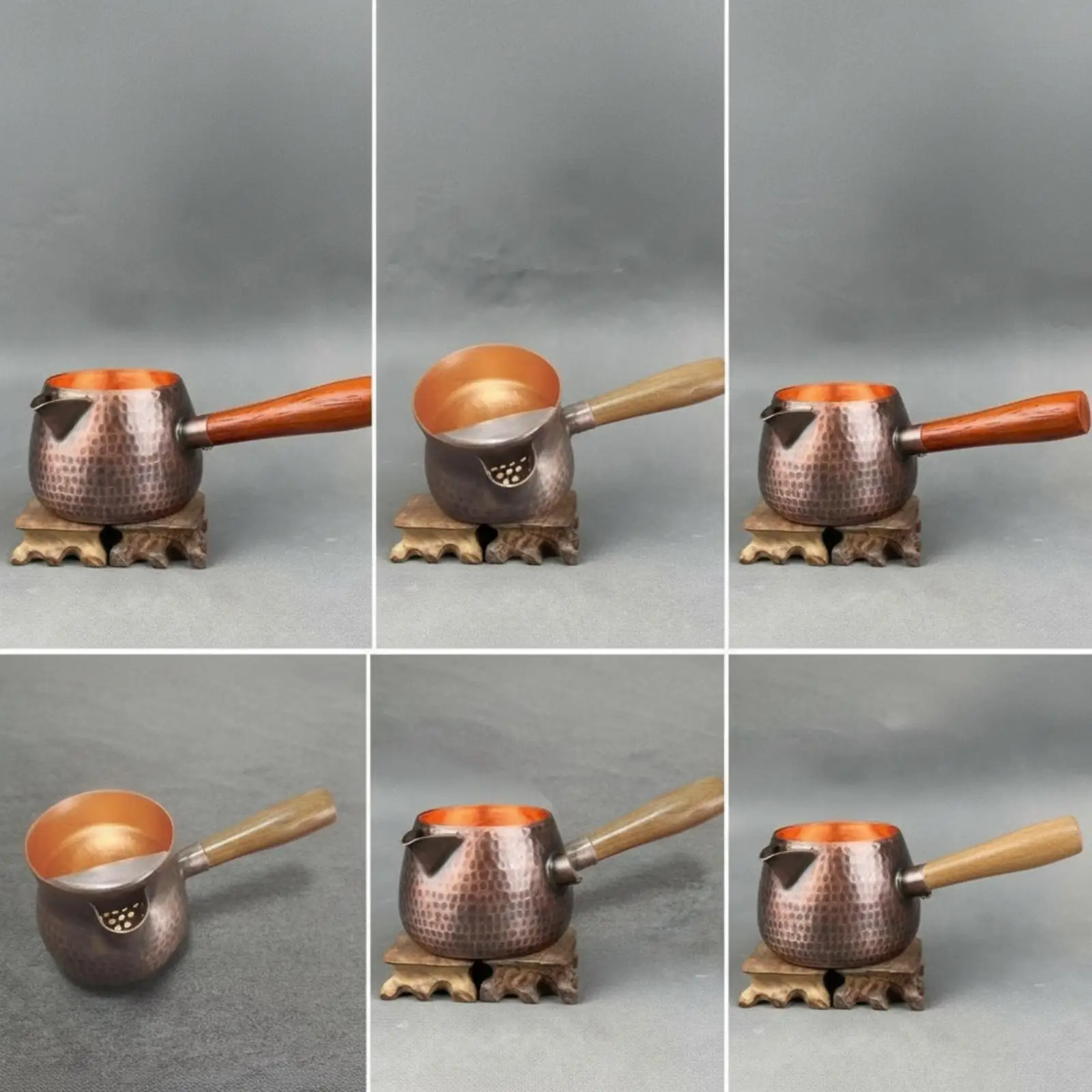 Artisan Hammered Copper Pouring Vessel with Dedicated Spout and Wood Handle for Morning Tea Display