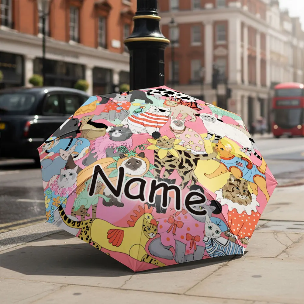 Custom Name umbrella, Colorful Cat Illustration print Fashion Folding Umbrella for Sunny and Rainy Days, Christmas Gift