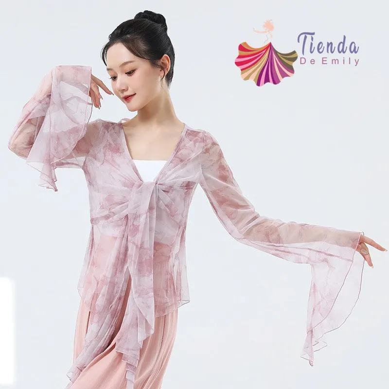 

Женская сценическая одежда Hanfu, рубашка с цветочным принтом, сексуальный прозрачный газовый Топ, Классическая Одежда для танцев, элегантная винтажная китайская Новинка
