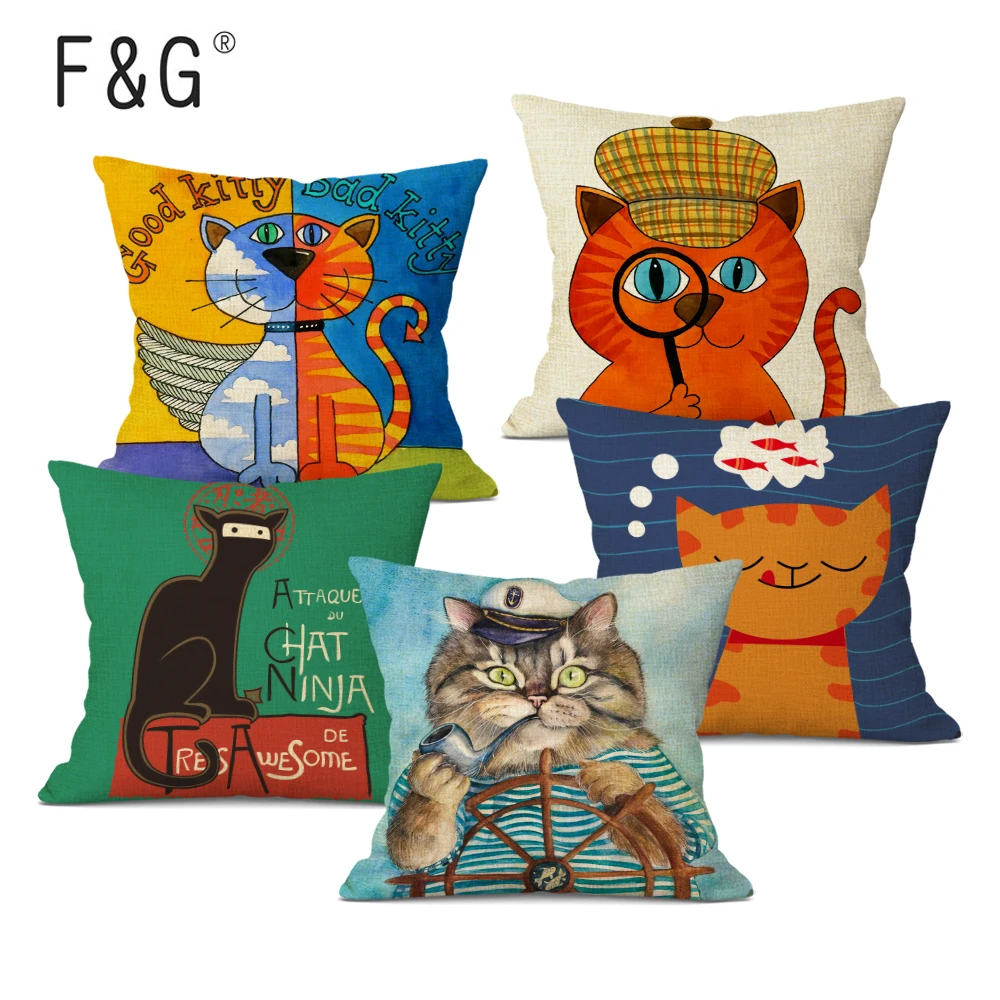 

Cartoon Cat Decorative Pillow Cover Animal Throw Pillow Cushions 45Cmx45Cm Square Linen Pillowcase for Home Sofa Decor