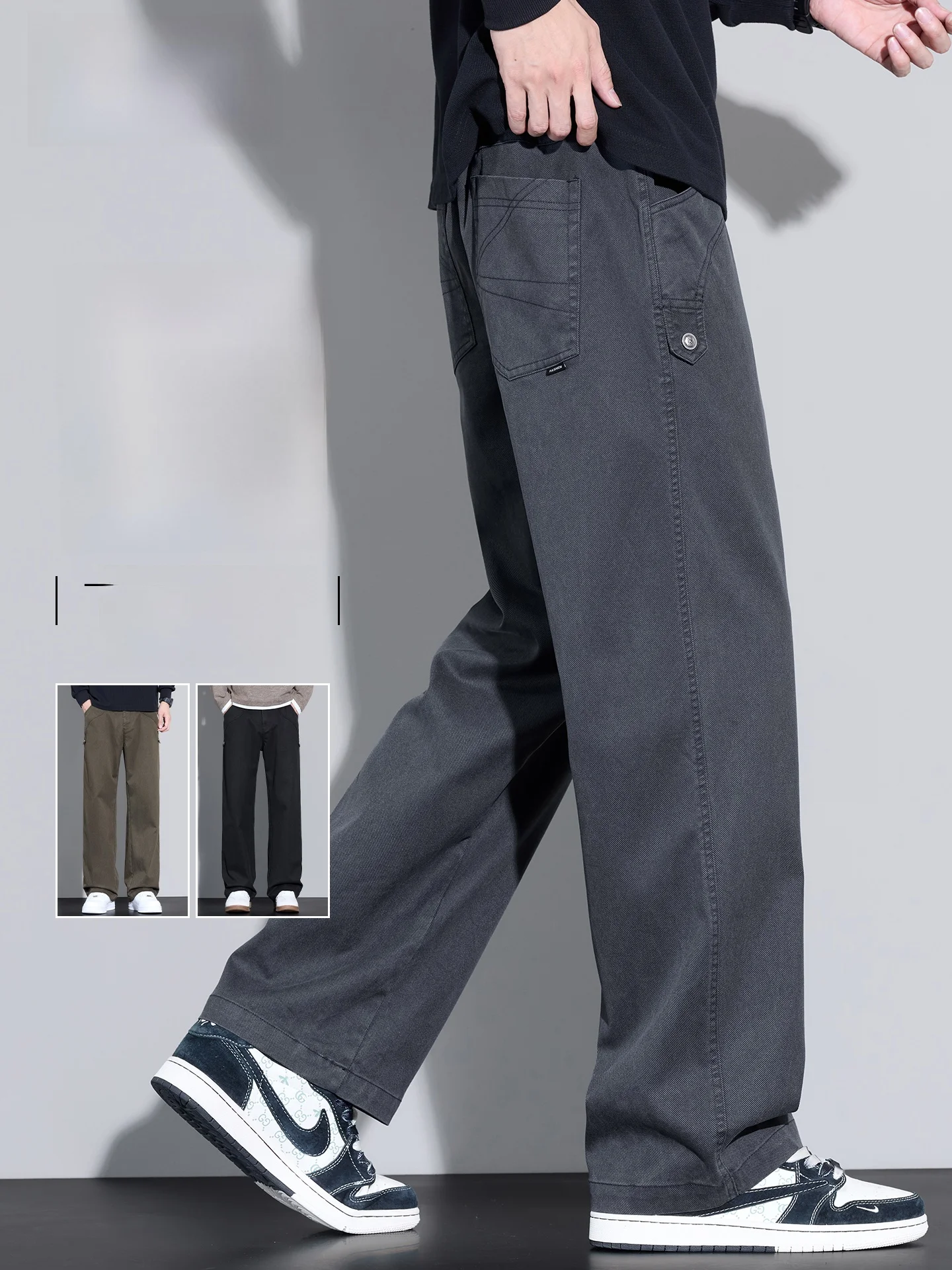 Loose Straight Leg Casual Pants Men's Workwear Comfortable Loose Fit Summer Anti-Wrinkle High Waist Zipper Closure Long Trousers