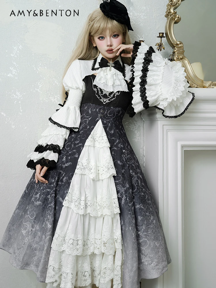 

Original Goth Cosplay Princess Lolita Dress Sets Daily Dark Punk Style Splicing Color Suspender Dress Jacket Two-piece Set Women