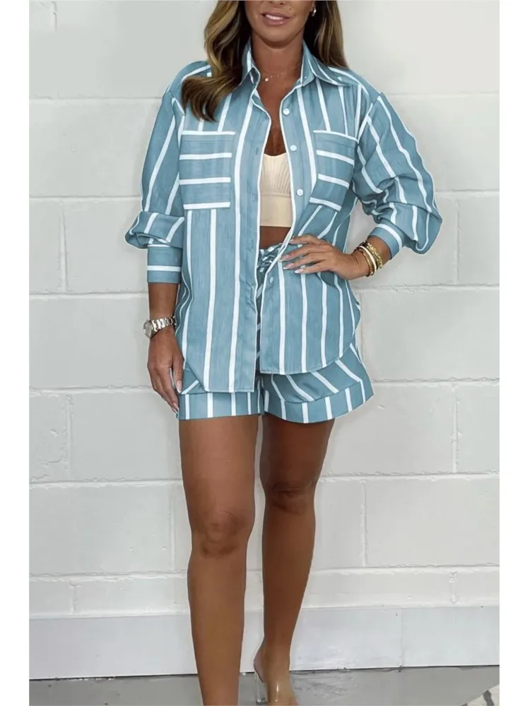 

Fashion Summer Women 2 Piece Set Striped Print Long Sleeve Button Shirt Top Shorts Suit Female Casual Loose Ladies Outfits 2025