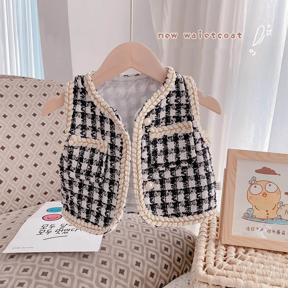 

Autumn New Children Girl Waistcoat Black White Plaid Kid Babys Girl Vest Coat V-collar Side Pockets Little Girls Sleeveless Coat