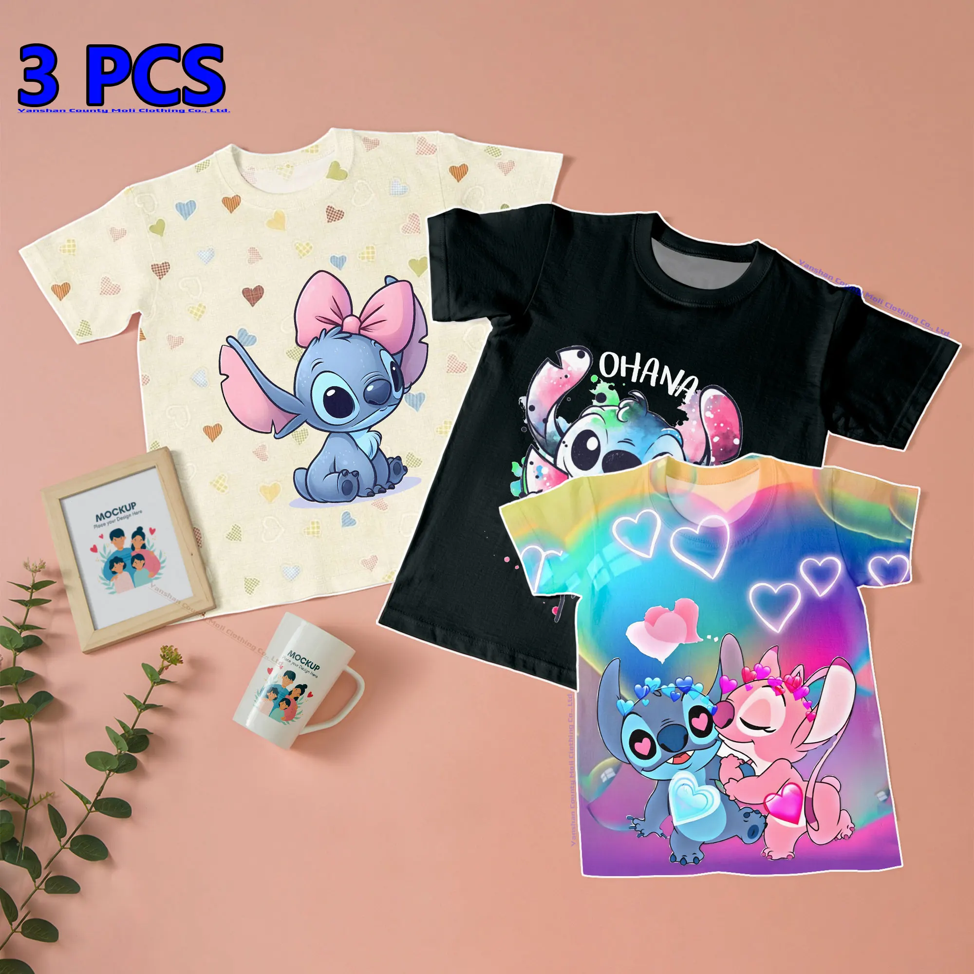 

3 Pcs Clothes Disney Stitch Kids' Kawaii T Shirts Boys' T-Shirt Graphic Tee Children Casual Tees Girls Loose Short Sleeve Tops