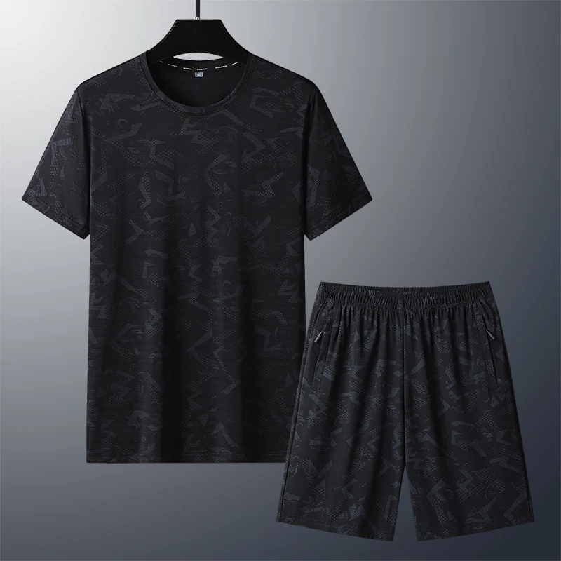New Summer Ice Silk Short Sleeved Shorts Two-Piece Set Men'S Fashion Versatile Sweat Wicking And Breathable Casual Sports Suit