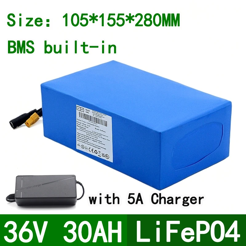 Rechargeable 36V 30Ah Lithium LiFepo4 battery pack for 1500W electric karts go-kart electric trike scooter+5A Charger