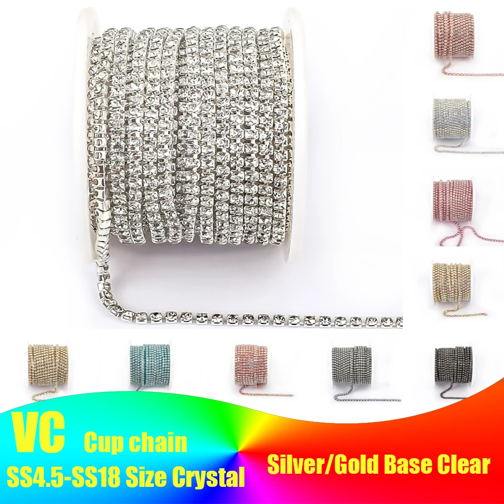 VC 크리스털 SS6-SS18(2 mm-4.5 mm) 은색/금색 베이스 투명 크리스털 밀도 모조 다이아몬드 체인 의류 재봉 유리 모조 다이아몬드 컵 체인