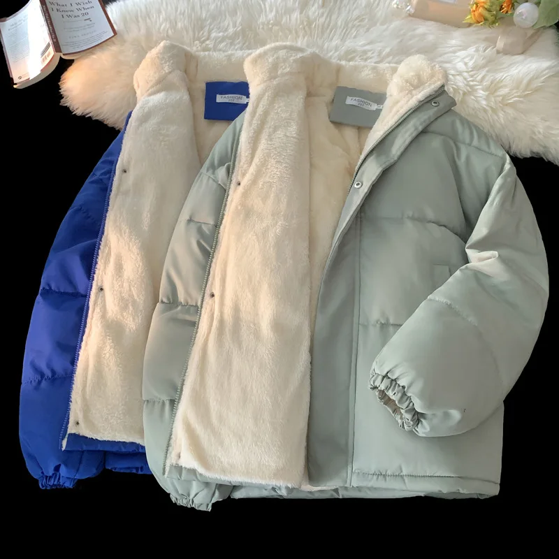 Winter Men's Fleece Cotton Jacket Solid Color Simple Stand Up Collar Thick Coat Korean Casual Fashion Loose Warm Overcoat