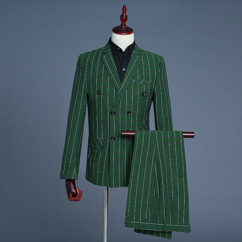 

Green Men Suits Plaid Stripe Jacket Vest Pants 3 Pcs Blazer Sets / Male Fashion Double Breasted Slim Wedding Banquet Ceremonies