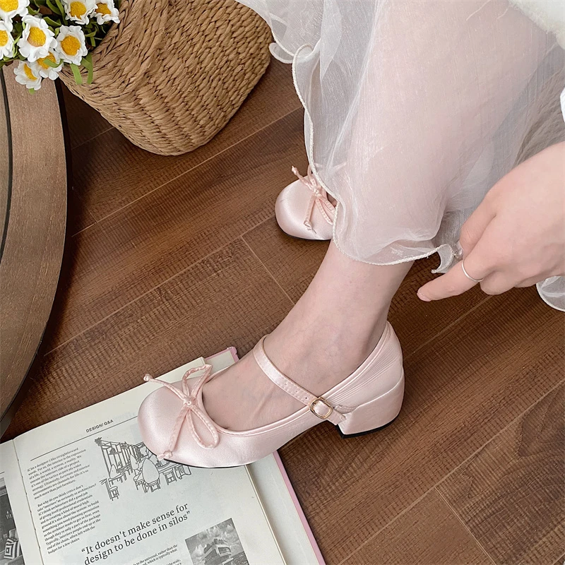 New Spring Autumn Thick Heel Pink Shoes Elegant Bow Lolita Shoes College Girls High Heels Fashion Women Sandals