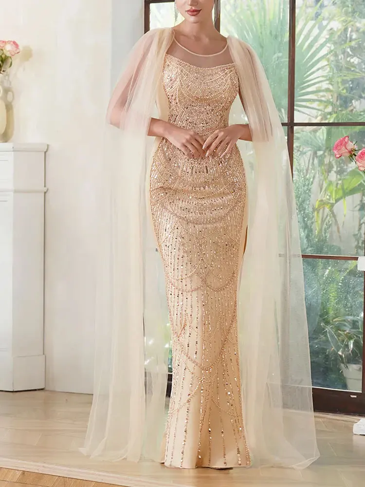 

Luxury Sequines Beadings Dubai Evening Dresses with Crystals Tulle Cape Arabic Mermaid Long Party Celebrity Prom Dresses