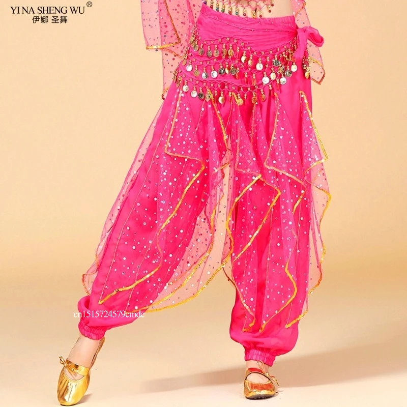 Damskie spodnie do tańca brzucha Bollywood Oriental Indian Dance Practice Costume Chiffon Trousers Gold Trim Rotating Pants