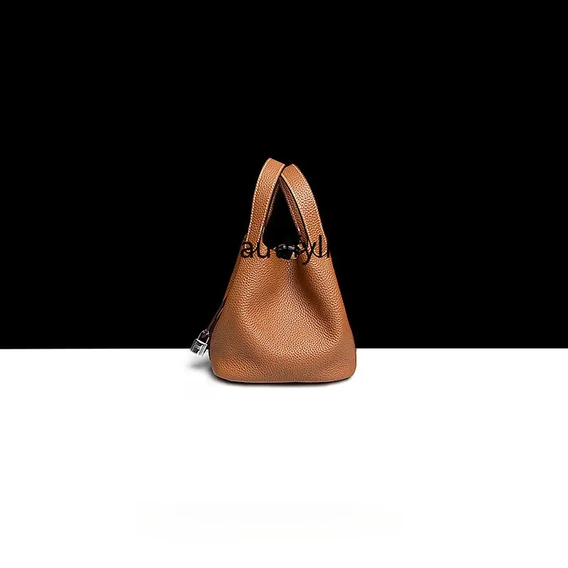 

zq First Layer Cowhide Bucket Bag Women's Summer Leather Handbag Vintage Lychee Pattern Vegetable Basket Bag