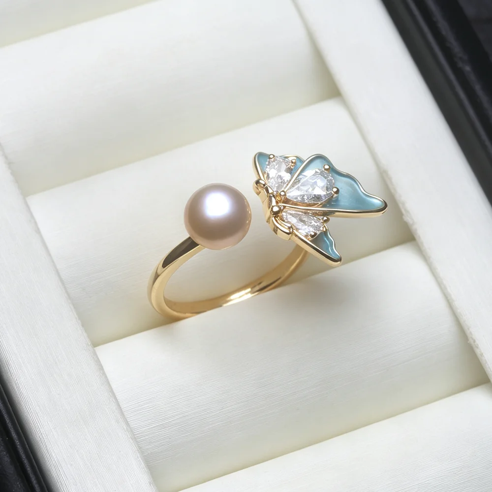Echte Süßwasser-925-Silber-Perlenringe, Verstellbar, Niedlicher Blauer Ring mit Echten Perlen, Geburtstagsgeschenk für Mutter oder Ehefrau, Weiß Schwarz – Detail 2
