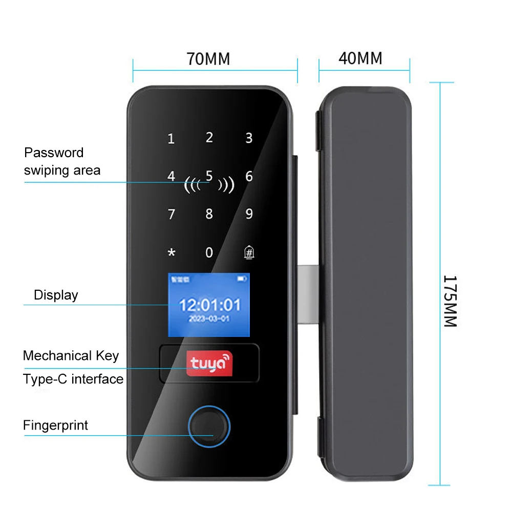 

Tuya App Glass Door Lock with LCD Fingerprint Bluetooth Smart Glass Biometric Door Lock 13.56Mhz IC Card Remote Control Unlock