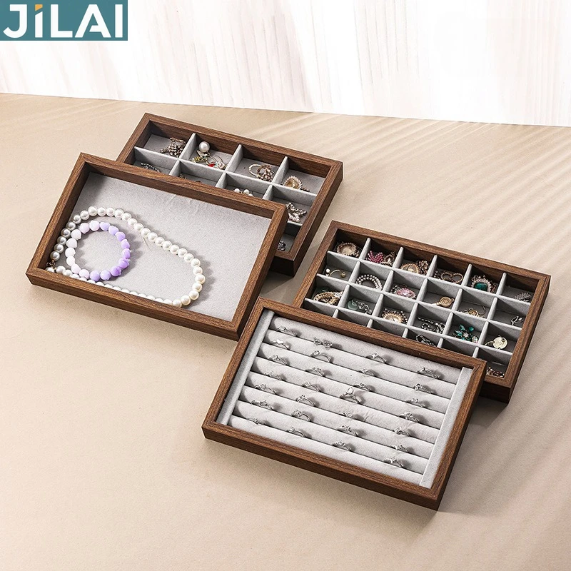 صينية مجوهرات مضادة لمركز التسوق، صندوق عرض من خشب الجوز، تخزين مجوهرات من الفلانيل، صينية عرض قلادة ذات سعة كبيرة