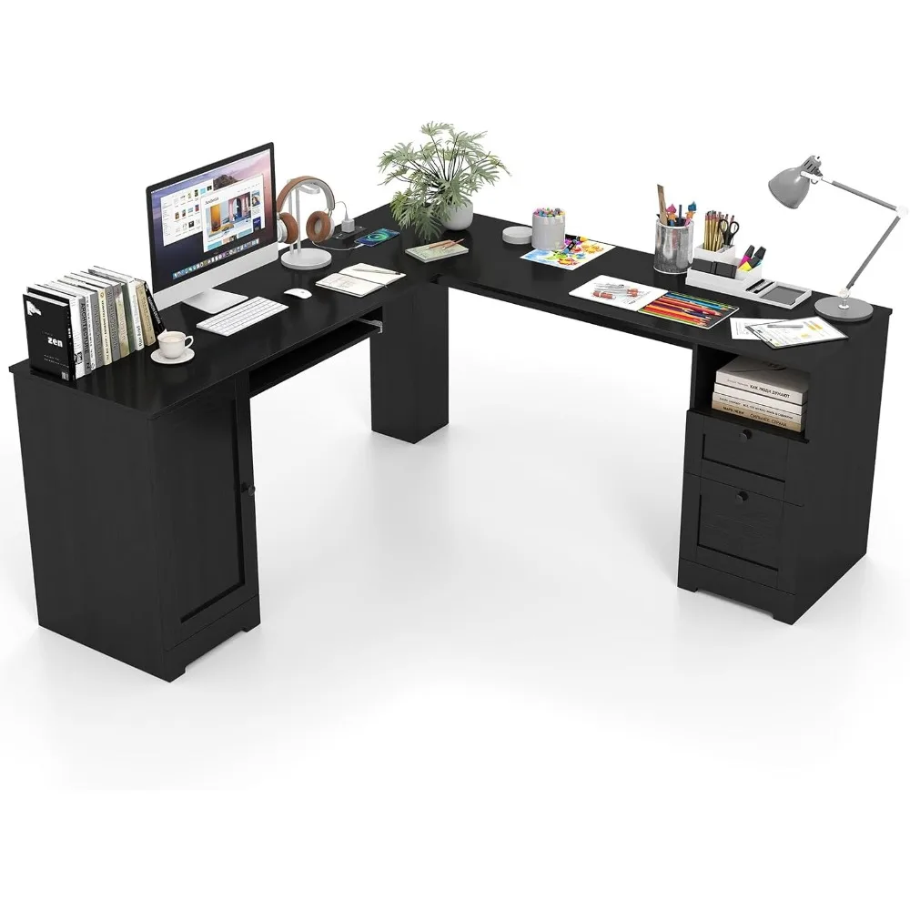 

L-shaped office desk with power outlet, modern home office computer desk with 2 drawers, cabinet, adjustable