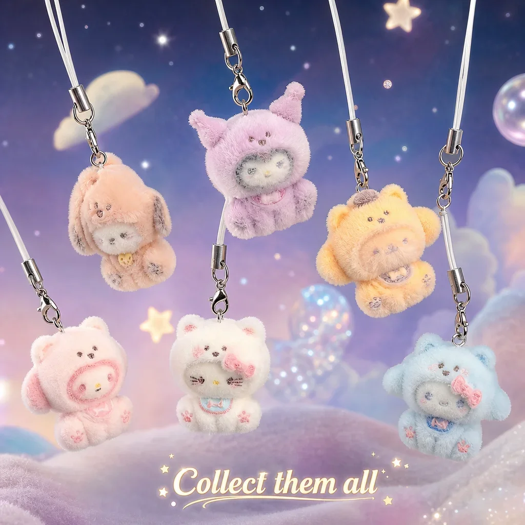 Lovely Sanrio Flocked Resin 3D Plush Doll Cute Charm DIY Keychain Cell Phone Strap Bag Hanging Pendant Decorative Mini Gift