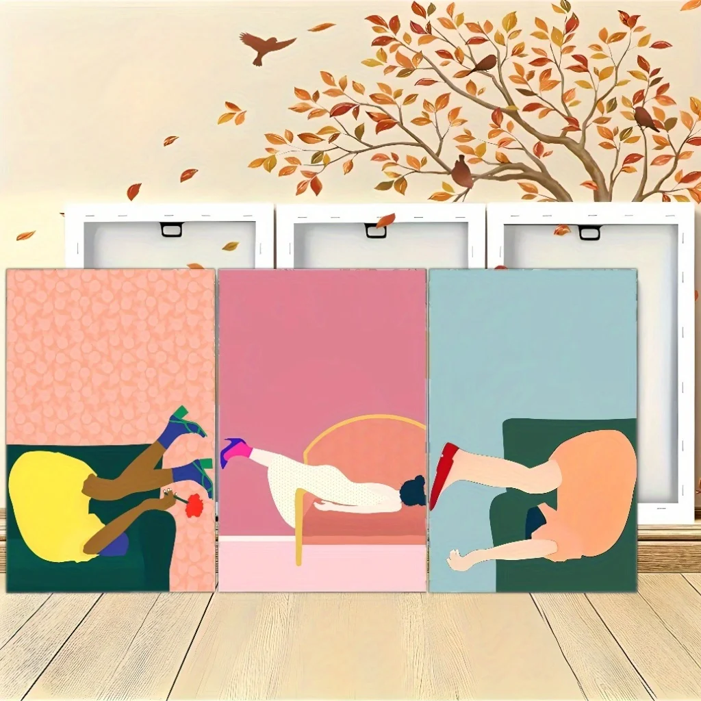 3 قطع/مجموعة ملصقات فنية مطبوعة على القماش مع ملصق بإطار خشبي، بسيط، فن تجريدي، بار، غرفة المعيشة، ديكو جدار المنزل والمهجع