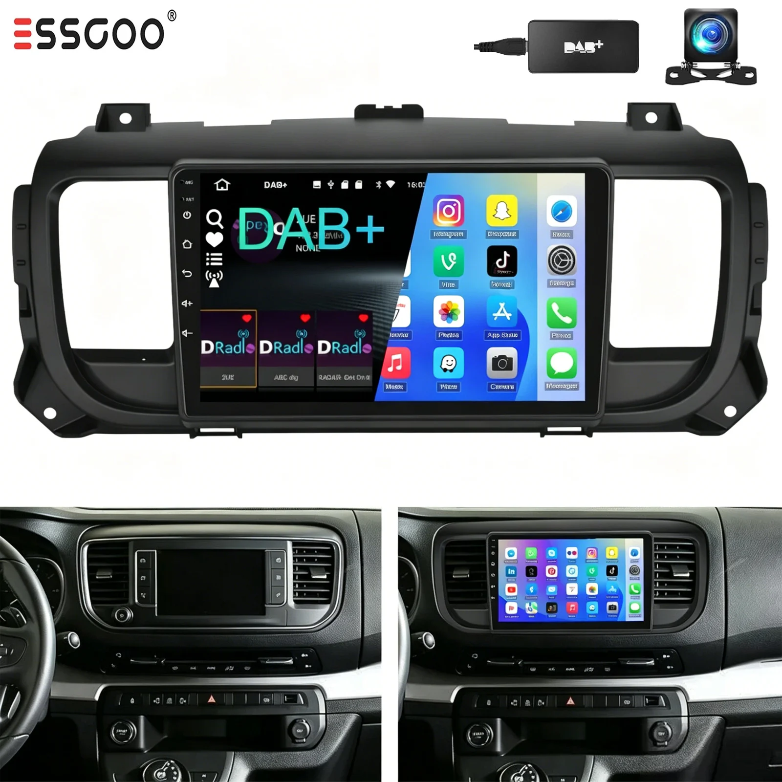 ESSGOO 4 GB RAM + 64 GB Speicher Autoradio mit Android 15, CarPlay und Multimedia-Player für Citroën Jumpy III, 3 SpaceTourer 1 und Peugeot Expert 3 (2016–2021). Funktionen: Multimedia-Player,